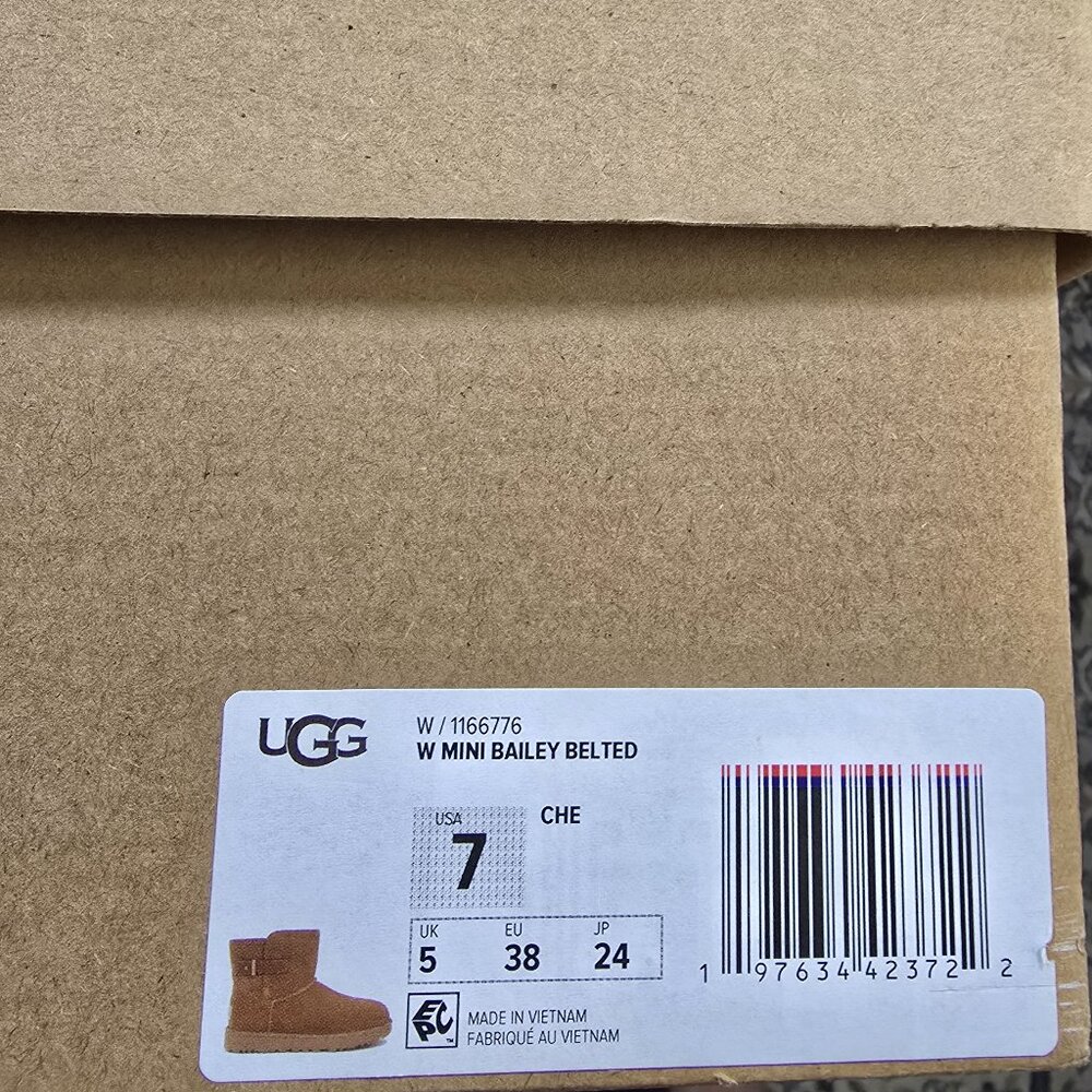 UGG Women's Mini Bailey Belt Boots - Chestnut Size 7 - Shearling Wool Lining - Picture 2 of 9